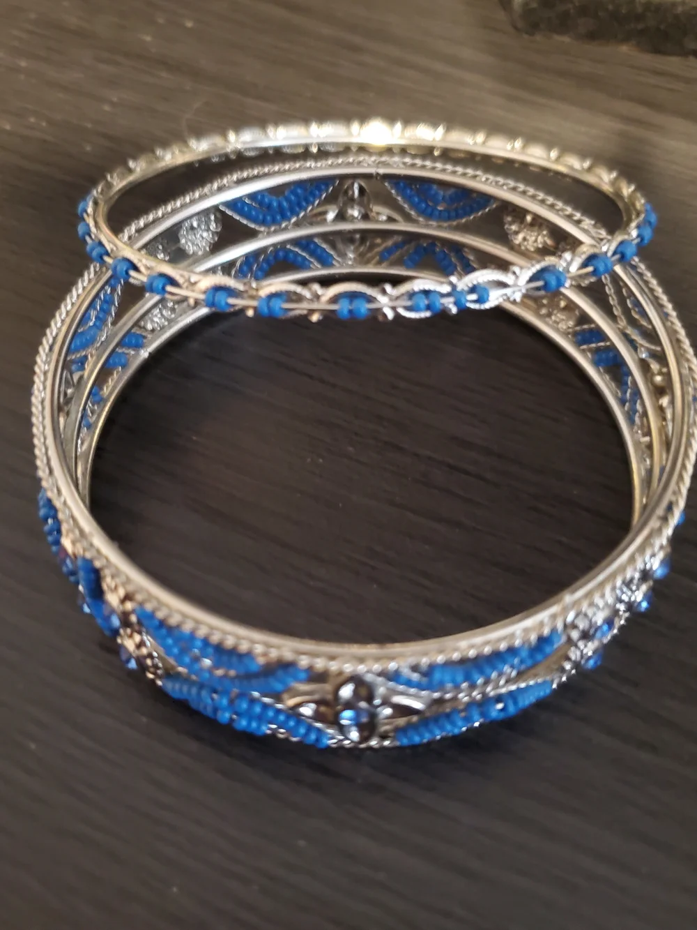 Blue Beaded Silver-Tone Women's Bangle Bracelet Set